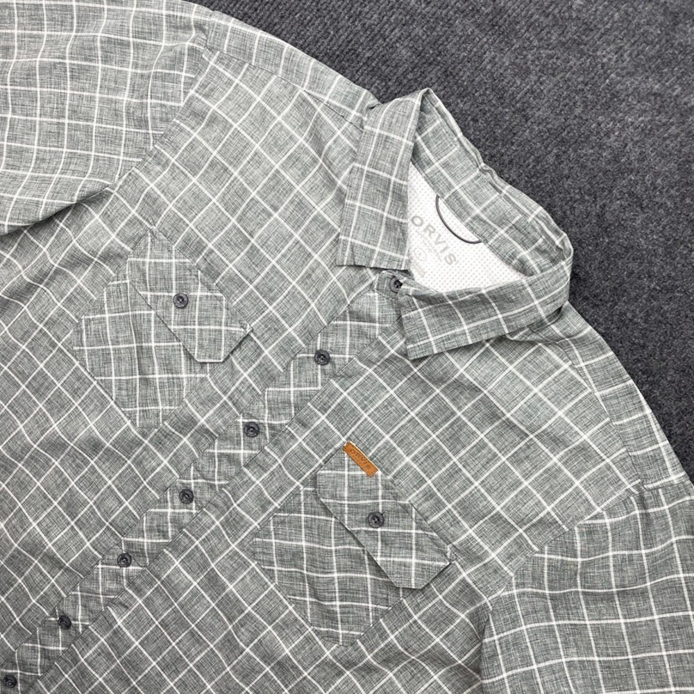 Orvis Mens Gray Grid Short Sleeve Button Down Shirt Large Outdoor Hiking Y2K